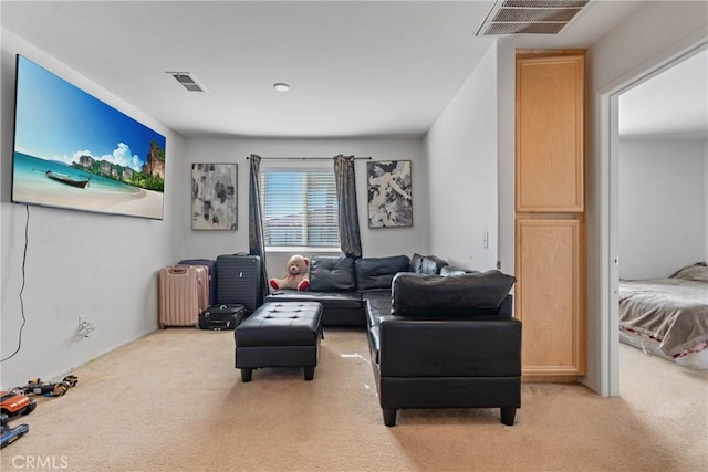 living room with radiator heating unit and light colored carpet