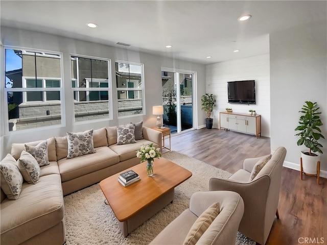 living room featuring wood-type flooring and plenty of natural light