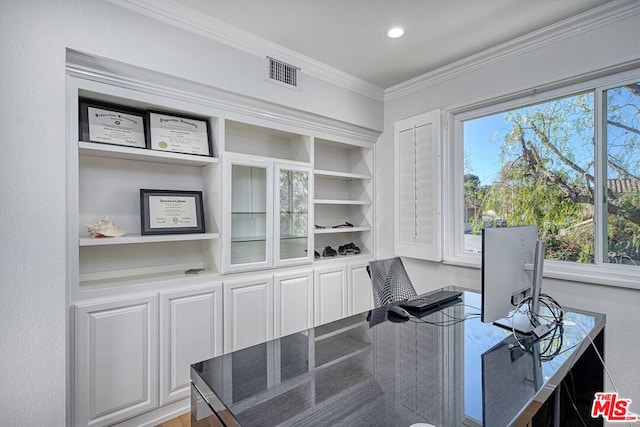 office area with ornamental molding