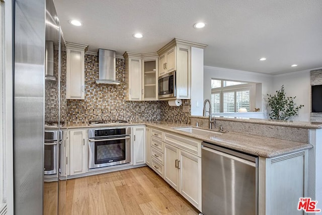 kitchen with sink, light wood-type flooring, appliances with stainless steel finishes, light stone countertops, and wall chimney range hood