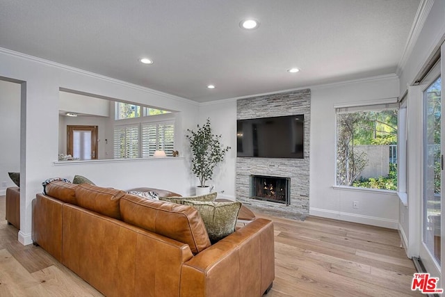 living room with crown molding, a fireplace, and light hardwood / wood-style flooring