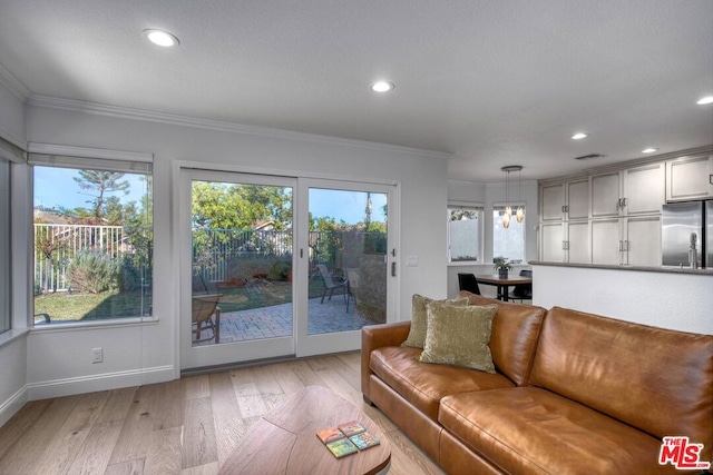 living room with ornamental molding and a healthy amount of sunlight