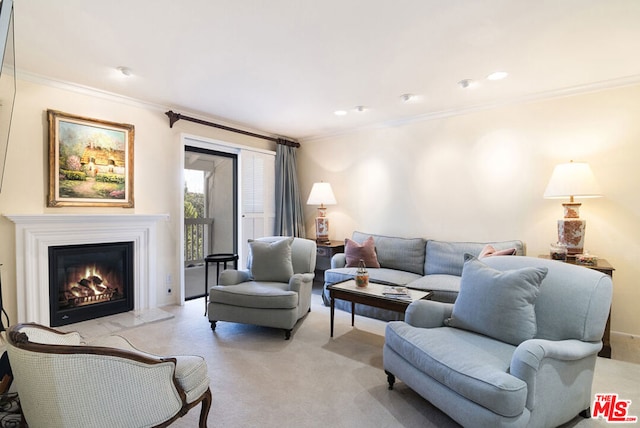 living room featuring crown molding and light carpet