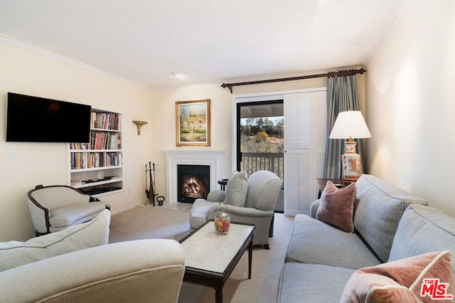 living room with light colored carpet and ornamental molding