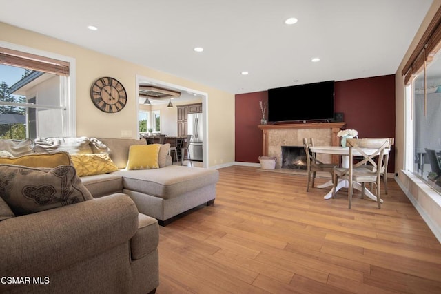 living room with a fireplace and light hardwood / wood-style flooring