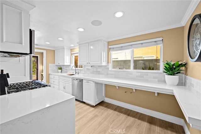 kitchen featuring white cabinetry, ornamental molding, dishwasher, and sink