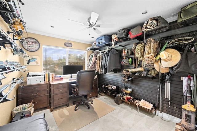 carpeted home office with ceiling fan, ornamental molding, and a textured ceiling