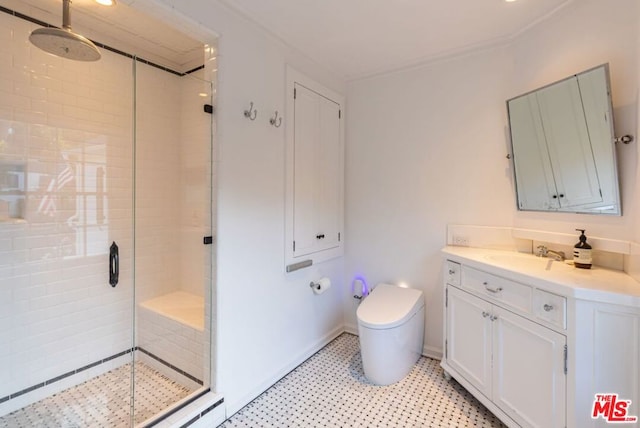 bathroom featuring walk in shower, vanity, and toilet