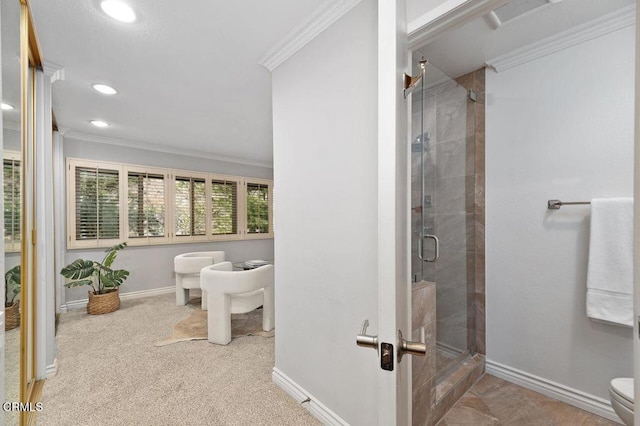 bathroom with crown molding, an enclosed shower, and toilet