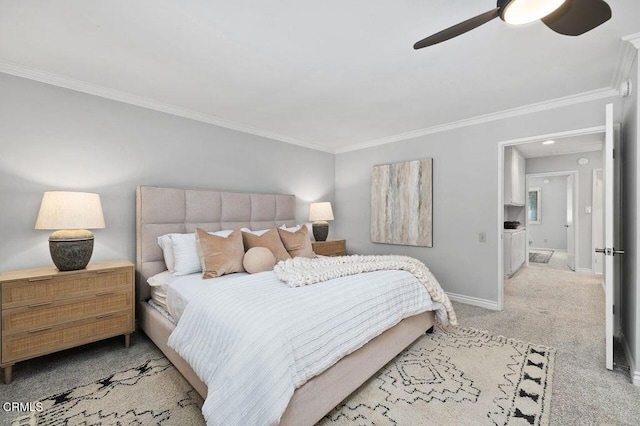 bedroom featuring ceiling fan, ornamental molding, and light colored carpet