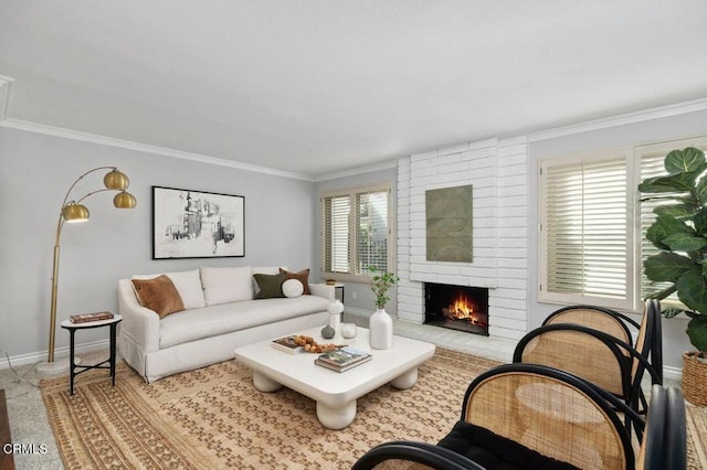 living room featuring a brick fireplace, crown molding, and a wealth of natural light