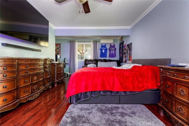 bedroom featuring ornamental molding, dark hardwood / wood-style floors, a wall unit AC, and ceiling fan