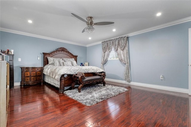 bedroom featuring crown molding, dark wood-type flooring, and ceiling fan