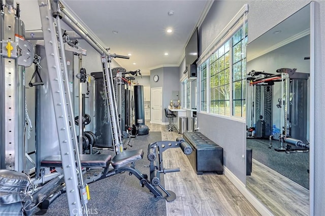 workout area featuring crown molding, a wealth of natural light, and light hardwood / wood-style floors