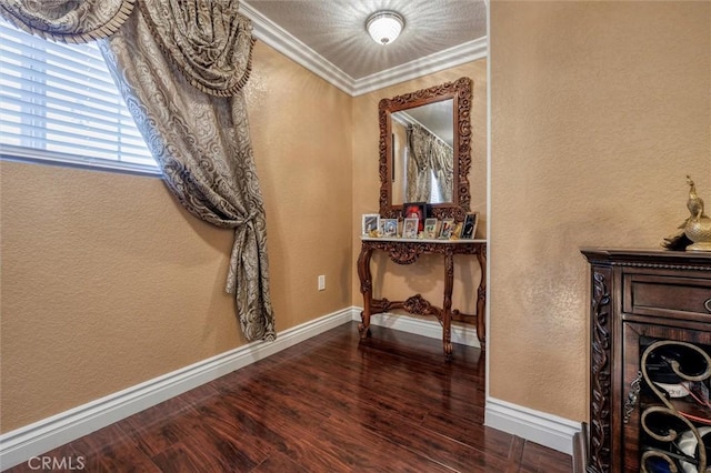 interior space featuring crown molding and dark hardwood / wood-style flooring