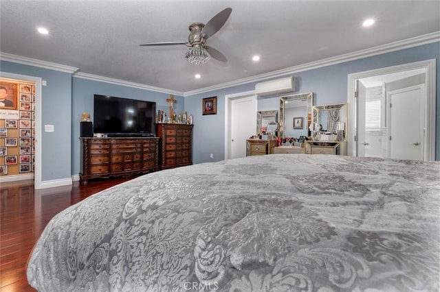 bedroom featuring ceiling fan, ornamental molding, dark hardwood / wood-style flooring, and a wall mounted air conditioner