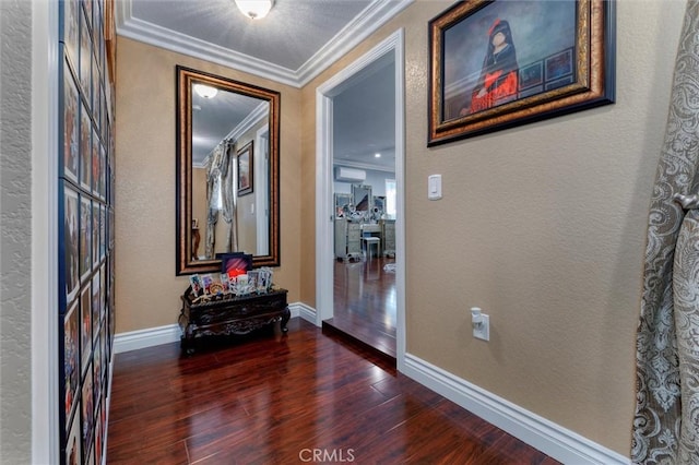 corridor featuring ornamental molding and dark hardwood / wood-style floors