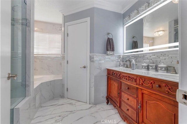 bathroom featuring vanity, a bath, and ornamental molding