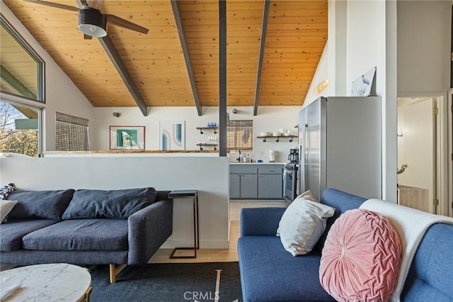 living room with sink, wood ceiling, hardwood / wood-style floors, high vaulted ceiling, and beamed ceiling