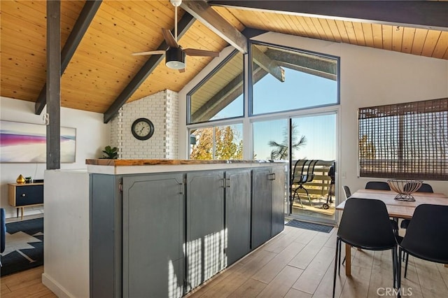 interior space featuring beamed ceiling, wood ceiling, and hardwood / wood-style floors