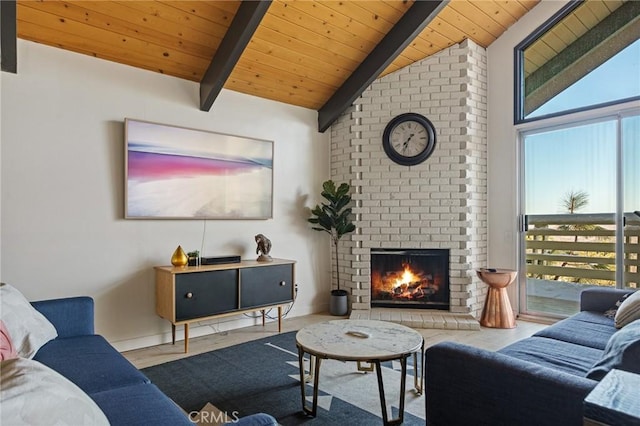 living room with wooden ceiling, a fireplace, and vaulted ceiling with beams