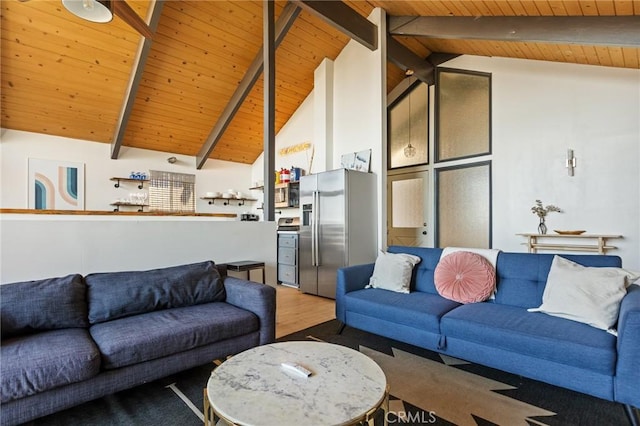 living room with wood ceiling, hardwood / wood-style flooring, high vaulted ceiling, and beamed ceiling