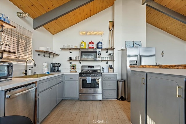 kitchen with sink, vaulted ceiling with beams, gray cabinetry, light hardwood / wood-style flooring, and stainless steel appliances