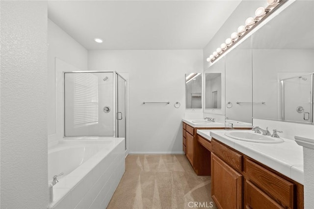 bathroom featuring vanity and plus walk in shower