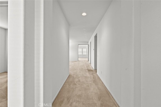 hall featuring light colored carpet