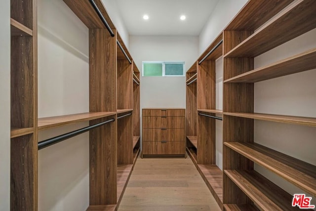 spacious closet with a barn door and light hardwood / wood-style flooring