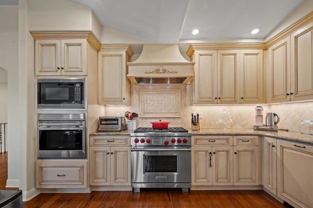 kitchen with premium range hood, appliances with stainless steel finishes, decorative backsplash, light stone countertops, and dark wood-type flooring