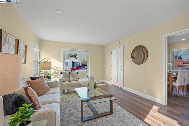 living room with dark hardwood / wood-style flooring