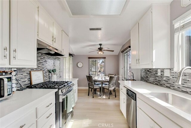 kitchen featuring white cabinetry, sink, stainless steel appliances, and ceiling fan