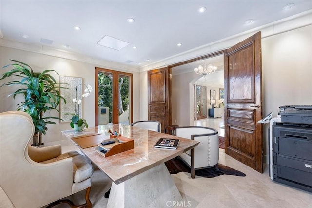 dining area featuring recessed lighting and crown molding