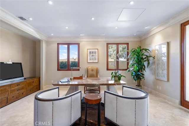 office space featuring crown molding, visible vents, and plenty of natural light