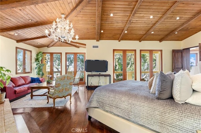 bedroom with lofted ceiling with beams, dark wood-type flooring, wooden ceiling, and french doors