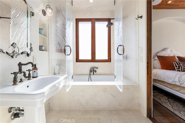 bathroom with french doors, plus walk in shower, and tile patterned flooring