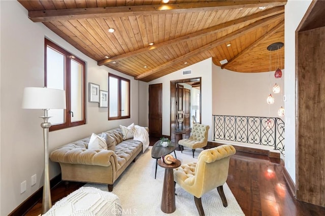 living room featuring baseboards, visible vents, wooden ceiling, wood finished floors, and vaulted ceiling with beams