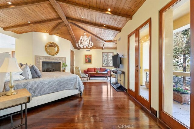 bedroom featuring multiple windows, wooden ceiling, dark hardwood / wood-style flooring, and lofted ceiling with beams