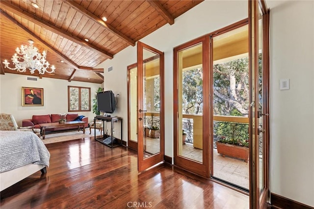 entryway with an inviting chandelier, vaulted ceiling with beams, wood ceiling, and dark hardwood / wood-style floors