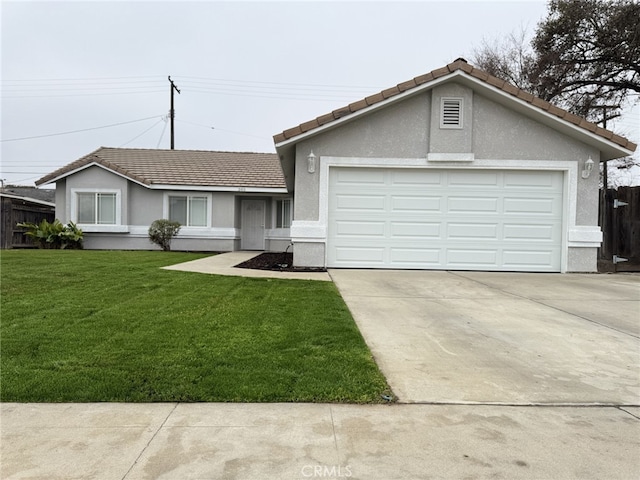 single story home featuring a garage and a front yard