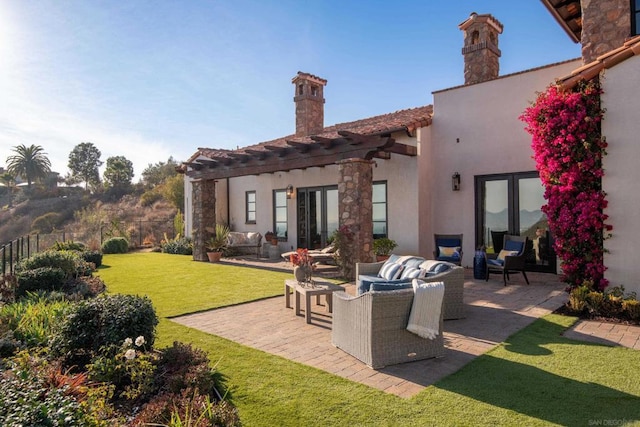 exterior space with french doors, an outdoor hangout area, and a pergola