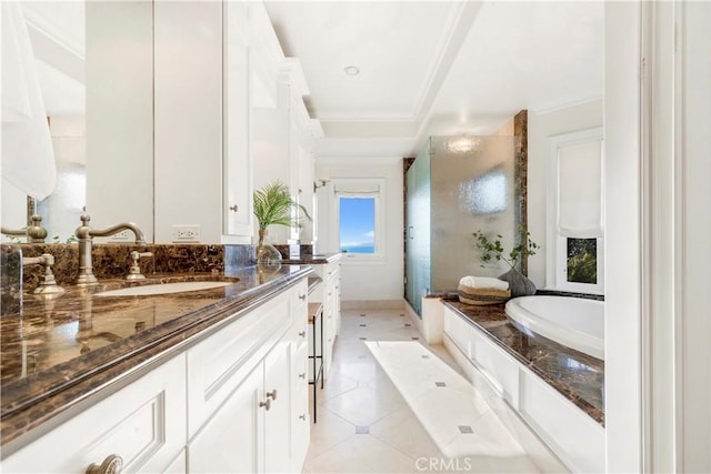 bathroom featuring tile patterned floors, vanity, and plus walk in shower