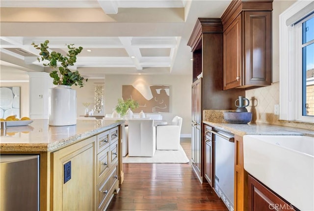 kitchen featuring dishwasher, beam ceiling, dark hardwood / wood-style floors, coffered ceiling, and decorative backsplash