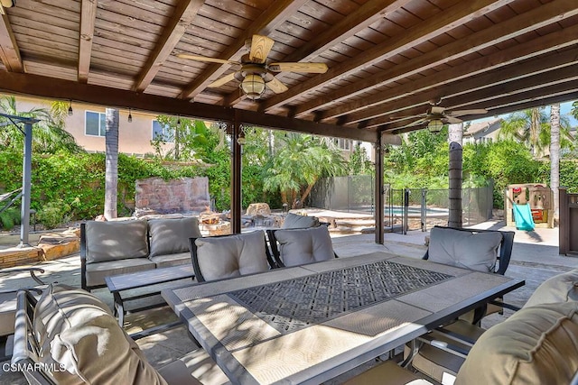 view of patio / terrace featuring an outdoor hangout area and ceiling fan