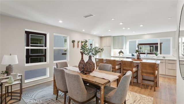 dining room with sink and light hardwood / wood-style floors