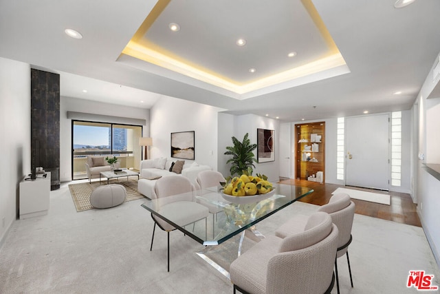 dining space featuring a raised ceiling