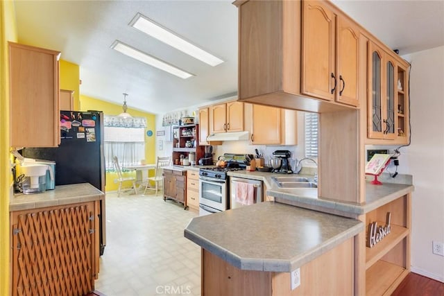 kitchen with vaulted ceiling, appliances with stainless steel finishes, pendant lighting, sink, and kitchen peninsula