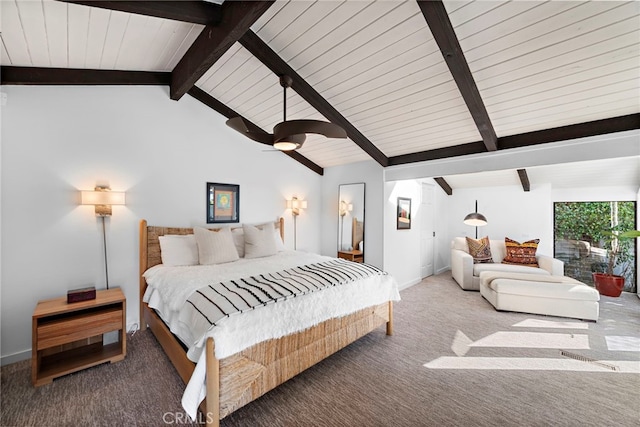 carpeted bedroom featuring ceiling fan and vaulted ceiling with beams