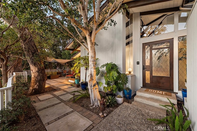 view of exterior entry featuring a patio area